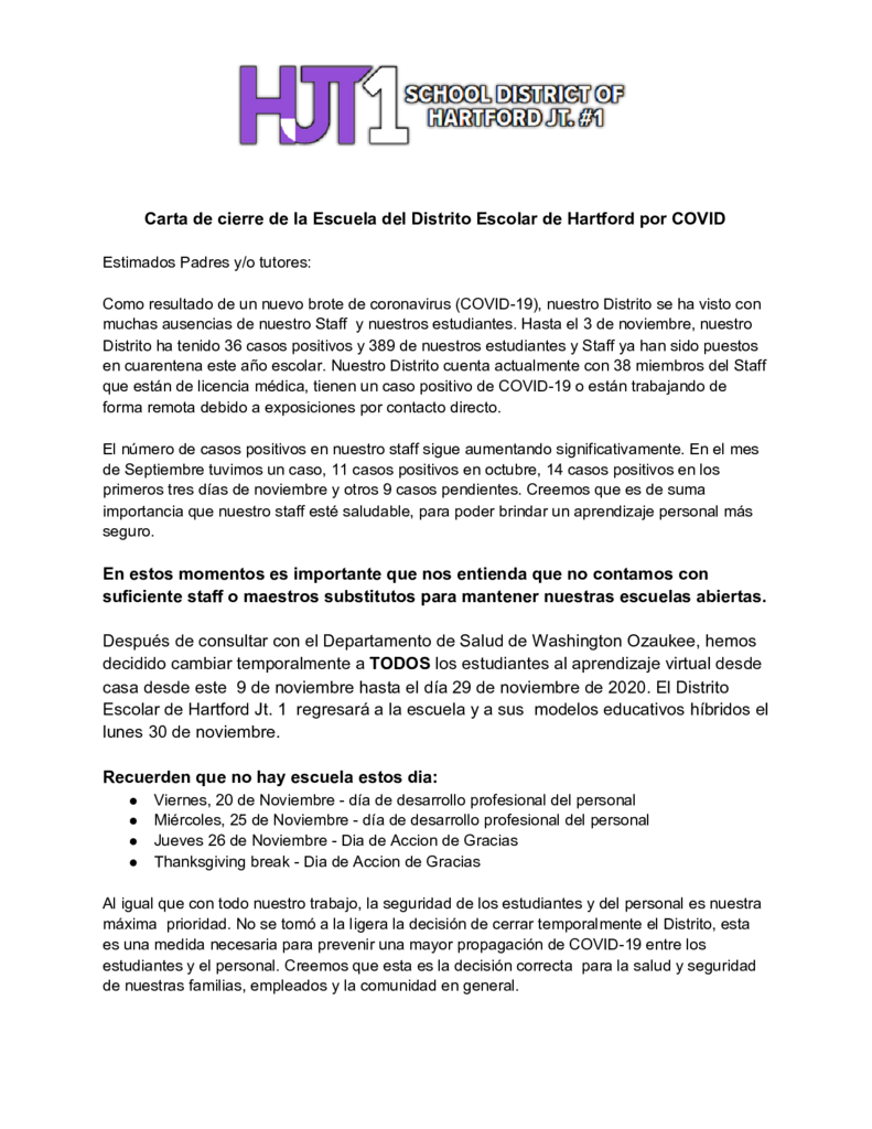 District Closure Letter_11.4.2020 - Spanish