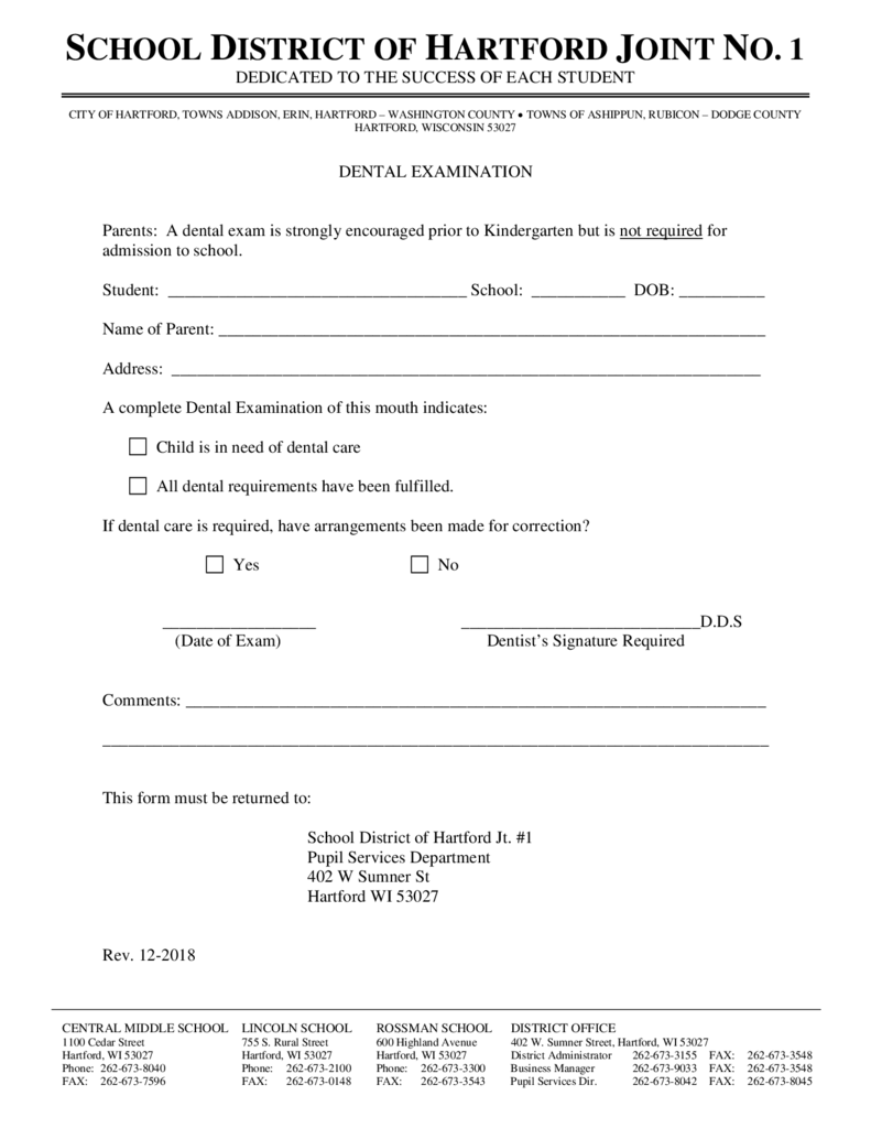 5K Dental Form School District of Hartford